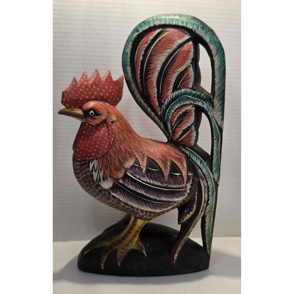 Other - Hand Carved Wooden Rooster Figurine Hand Painted Folk Art Sculpture Rustic Decor